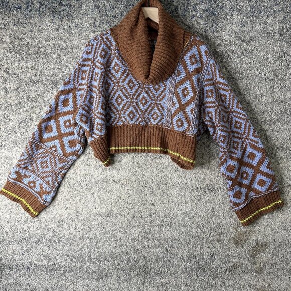 Free People Sweater Womens Small Brown Blue Cropped Shawl Collar Geometric Knit - Picture 1 of 8